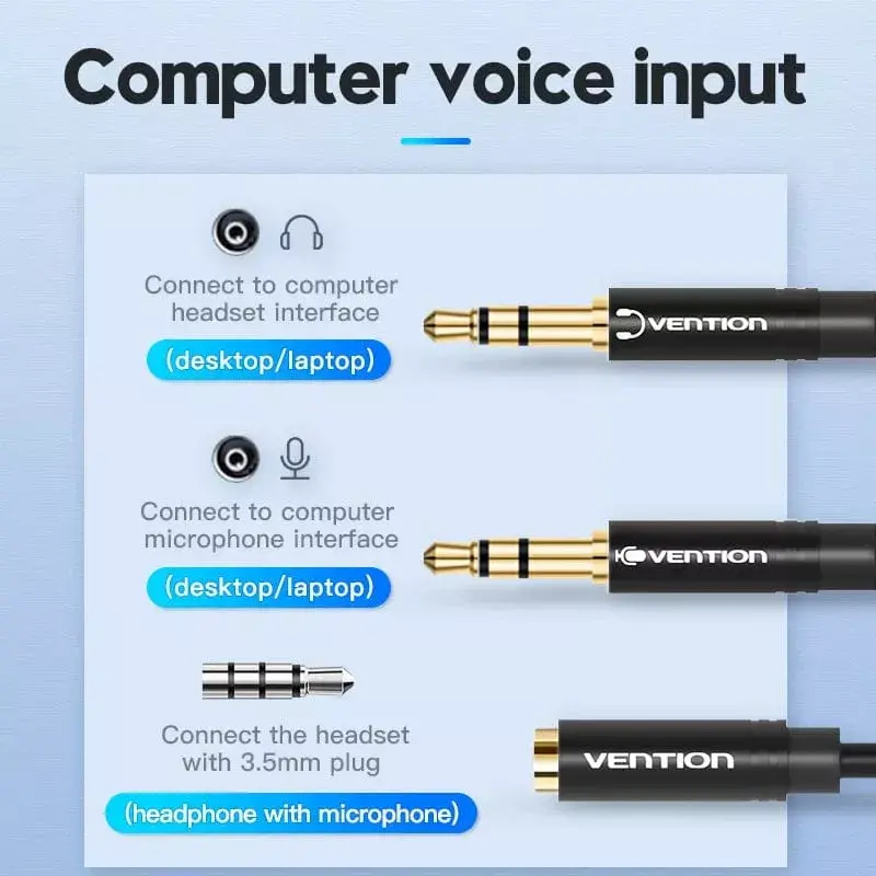 Audio adapter cable Vention 2×3.5 mm male to 4‑pole 3.5 mm female, 0.3 m, black