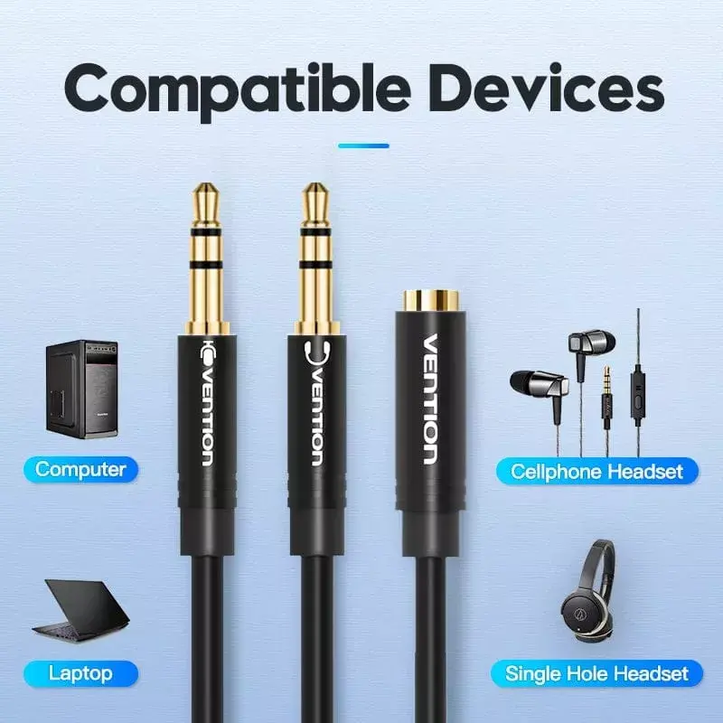Audio adapter cable Vention 2×3.5 mm male to 4‑pole 3.5 mm female, 0.3 m, black