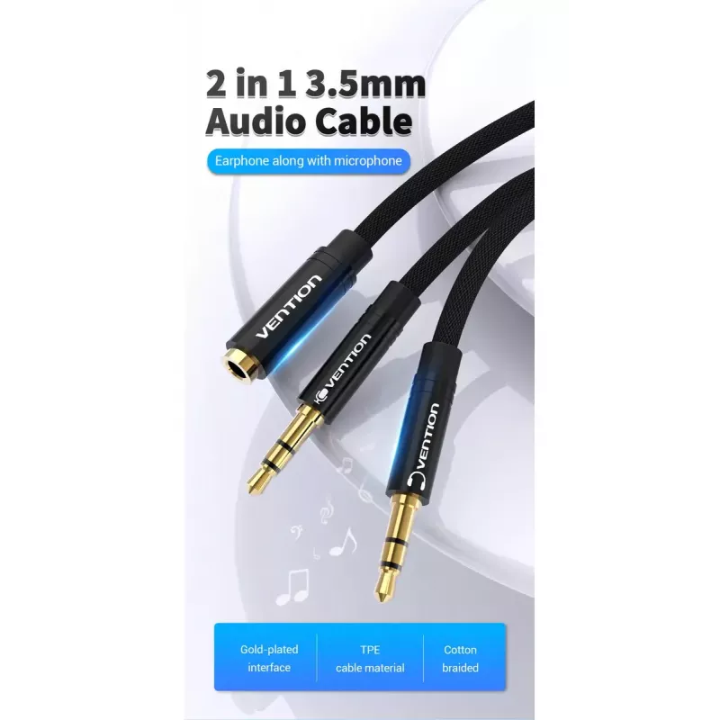 Audio adapter cable Vention 2×3.5 mm male to 4‑pole 3.5 mm female, 0.3 m, black