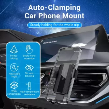 Car vent phone mount Vention KCTB0 — passive auto-clamping holder for 4.7–7.2 inch phones, black, ABS/TPU, 117.6×73×84.3 mm