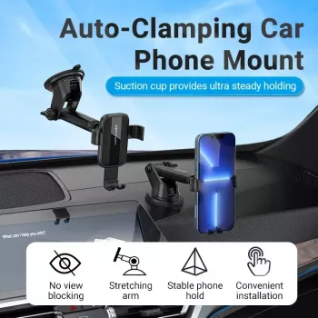 Car phone mount Vention KCOB0 — auto-clamping suction cup, clamp mount for smartphones, black, width 73 mm, height 117.6 mm