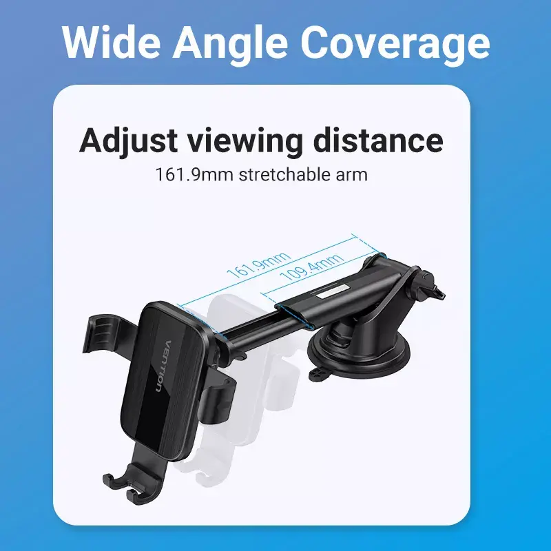 Car phone mount Vention KCOB0 — auto-clamping suction cup, clamp mount for smartphones, black, width 73 mm, height 117.6 mm