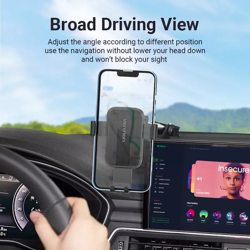Car phone mount Vention KCOB0 — auto-clamping suction cup, clamp mount for smartphones, black, width 73 mm, height 117.6 mm