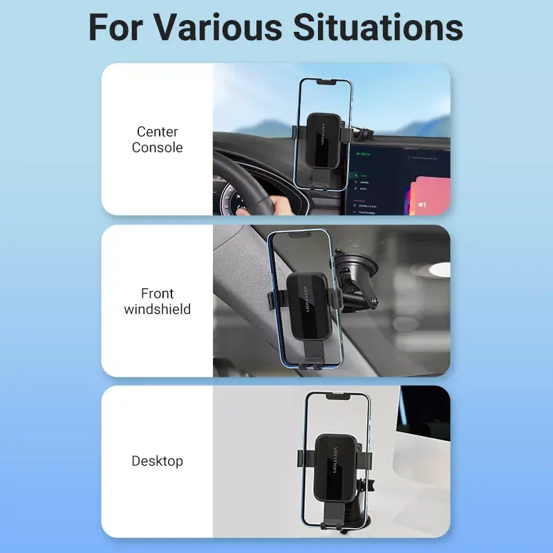 Car phone mount Vention KCOB0 — auto-clamping suction cup, clamp mount for smartphones, black, width 73 mm, height 117.6 mm