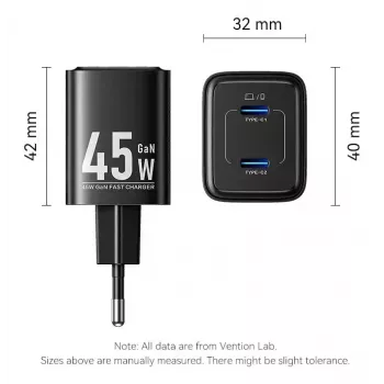 Vention FEFW0-EU AC indoor fast charger 45W, 2x USB-C, compatible with smartphone laptop tablet smartwatch headphones, white