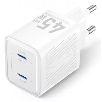 Vention FEFW0-EU AC indoor fast charger 45W, 2x USB-C, compatible with smartphone laptop tablet smartwatch headphones, white