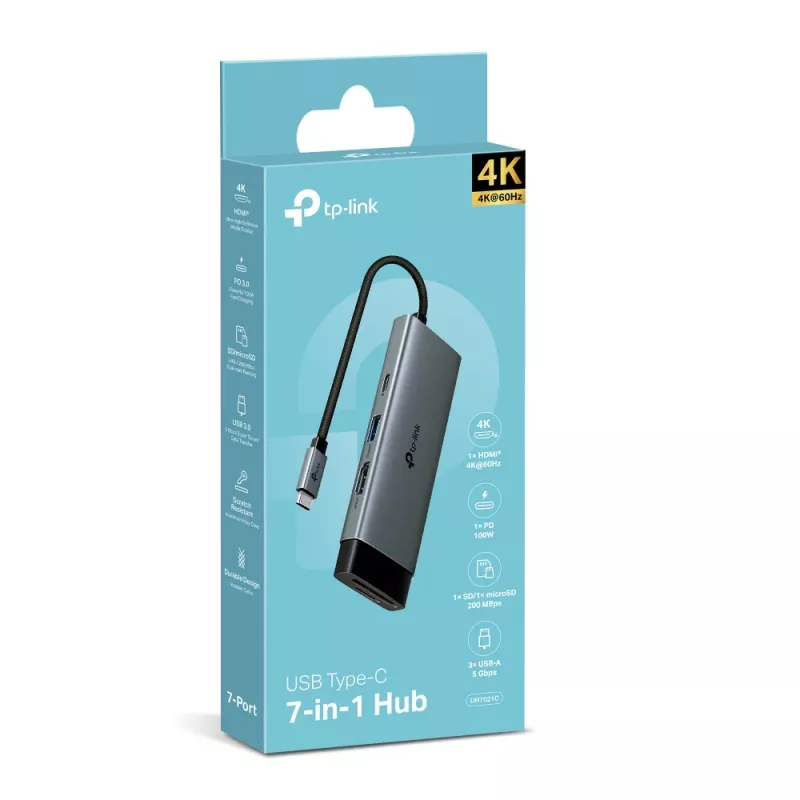 USB Type-C hub TP-Link UH7021C — HDMI, USB 3.2 Gen1, USB 2.0, SD/microSD, 5000 Mbit/s, Aluminium Black
