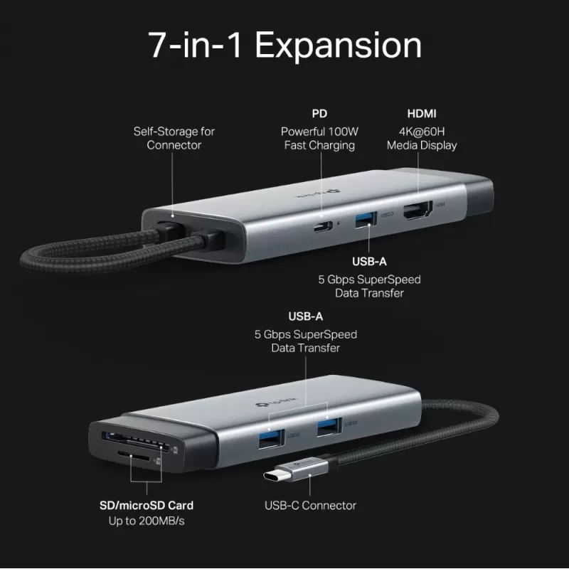 USB Type-C hub TP-Link UH7021C — HDMI, USB 3.2 Gen1, USB 2.0, SD/microSD, 5000 Mbit/s, Aluminium Black