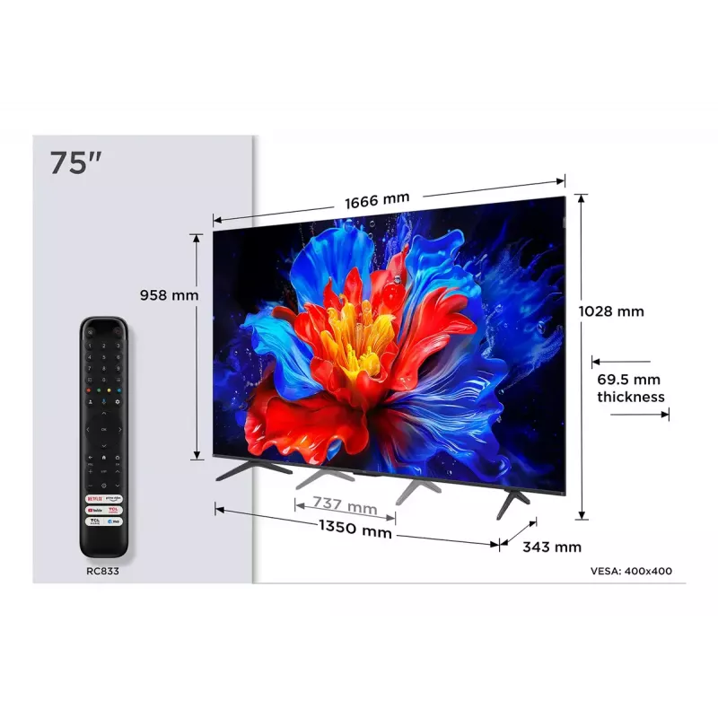Television TCL P8K 75 inch 4K QLED HDR Display 3840 x 2160