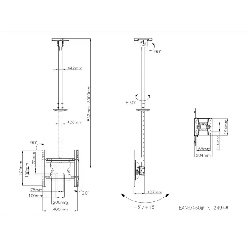 Multibrackets M Public Ceilingmount Medium Single 3000, 30 kg, 81.3 cm (32 inch), 139.7 cm (55 inch), 200 x 100 mm, 400 x 400 mm, 860 - 3130 mm