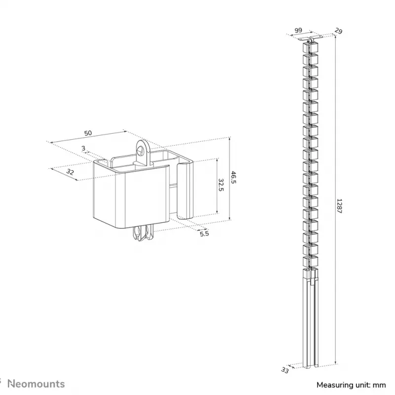 Cable cover Neomounts ADS06-133WH magnetic white, screw-mounted for sit/stand desk frames