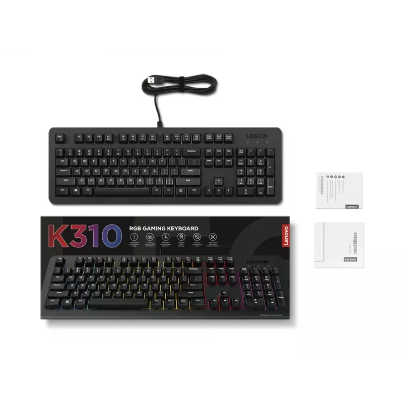 Wired Gaming Keyboard Lenovo K310 — Full-size 100%, USB, US English, RGB Backlight, Black, 1.8 m Cable