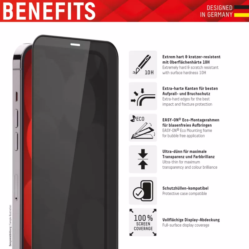 Displex Privacy Screen Protector (10H) for Apple iPhone 13/13 Pro/14/16e/17e, Eco Mounting Frame, Privacy Filter