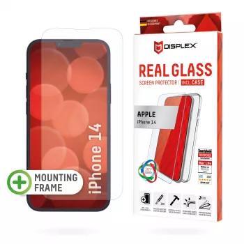 Displex Screen Protector (10H) + Case for Apple iPhone 14, Eco Mounting Frame, + Case, Tempered Glass, scratch resistant protective film