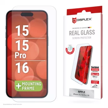 Displex Screen Protector (10H) for Apple iPhone 15/15 Pro/16, Eco Mounting Frame, scratch resistant