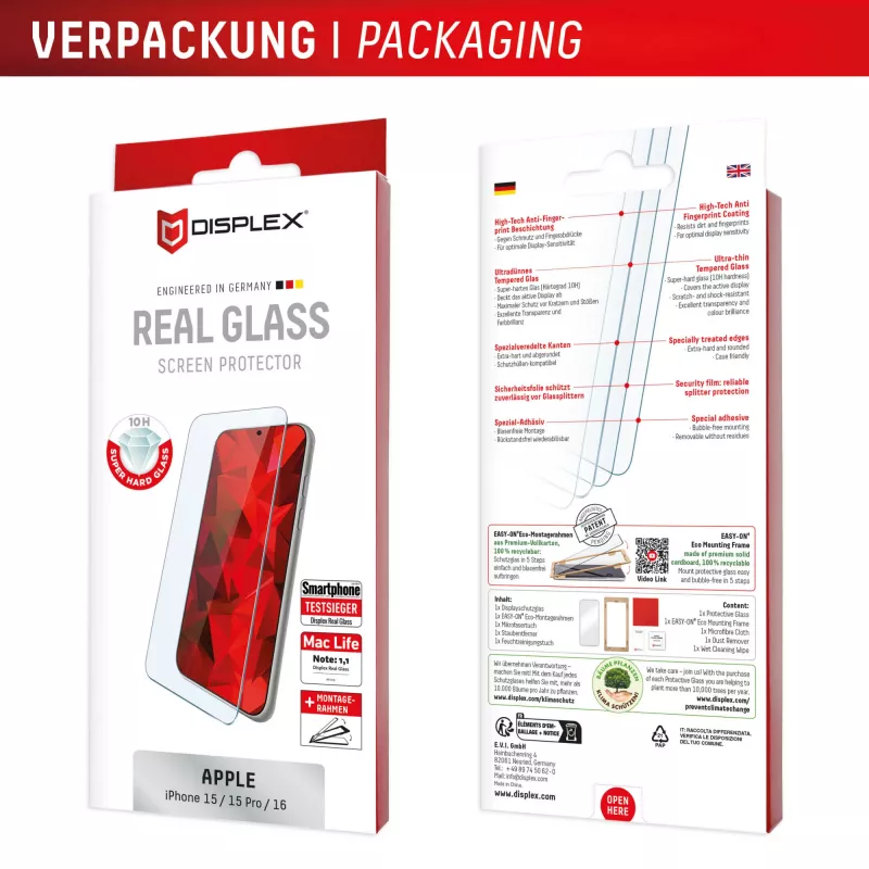 Displex Screen Protector (10H) for Apple iPhone 15/15 Pro/16, Eco Mounting Frame, scratch resistant