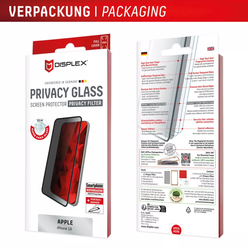 Displex Privacy Screen Protector (10H) for Apple iPhone 16, Eco Mounting Frame, Privacy Filter