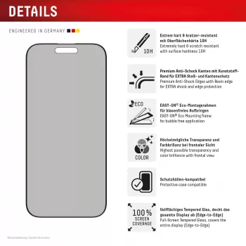 Displex Privacy Screen Protector (10H) for Apple iPhone 16 Pro, Eco Mounting Frame, Privacy Filter
