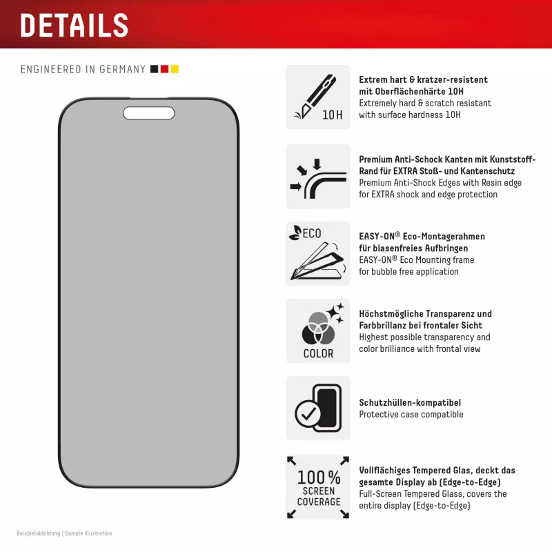 Displex Privacy Screen Protector (10H) for Apple iPhone 16 Pro, Eco Mounting Frame, Privacy Filter
