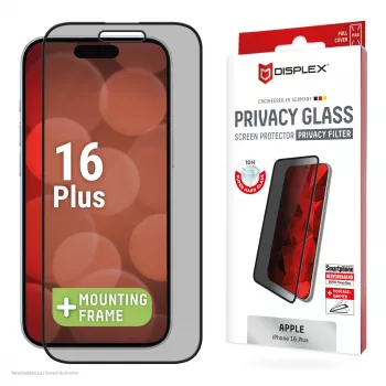 Displex Privacy Screen Protector (10H) for Apple iPhone 16 Plus, Eco Mounting Frame, Privacy Filter