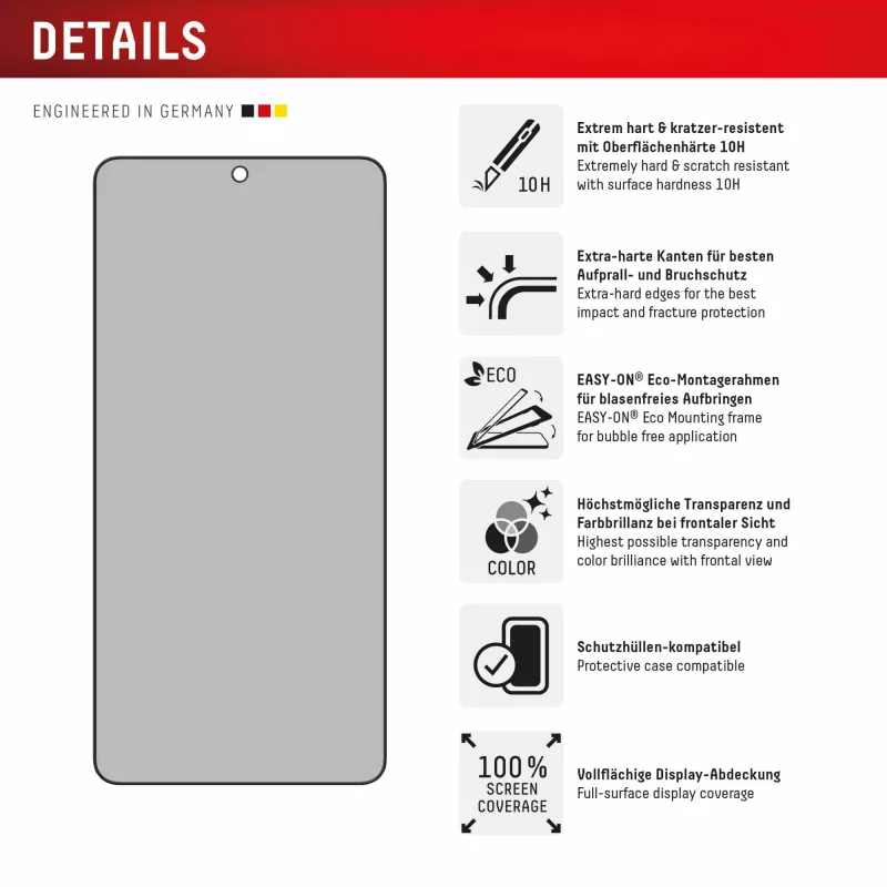 Displex Privacy Screen Protector (10H) for Samsung Galaxy S25 Edge, Eco Mounting Frame, Privacy Filter