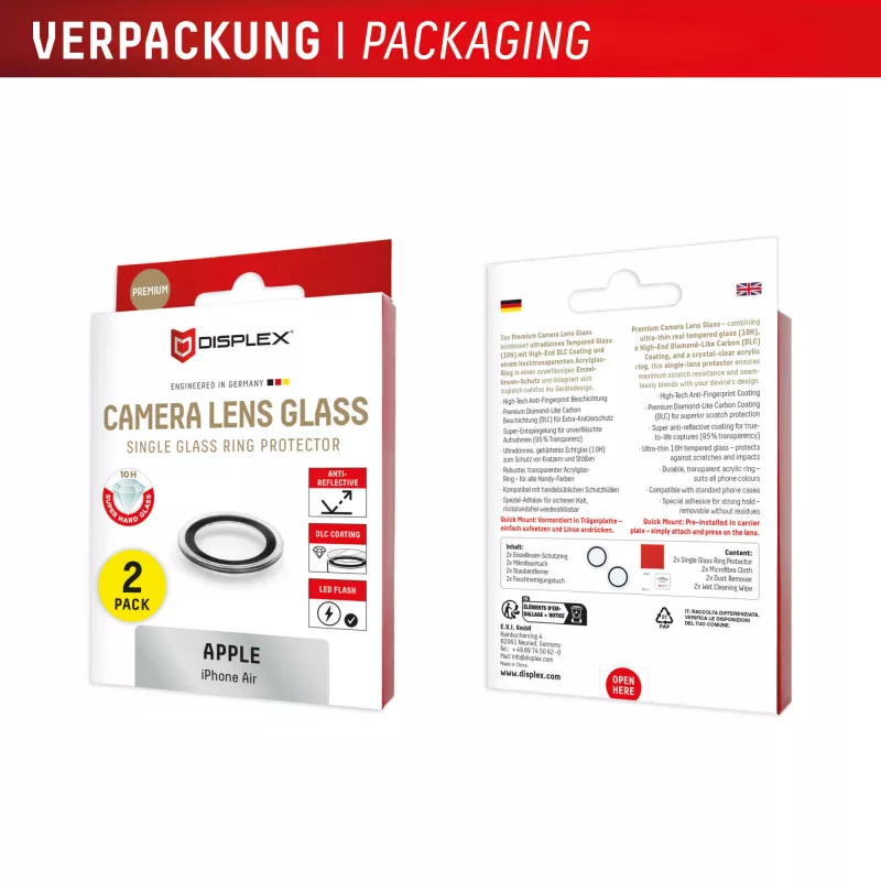 Displex Premium Camera Lens Glass, iPhone Air Glas, 10H, Single Rings, DLC, transparent, Quick Mount