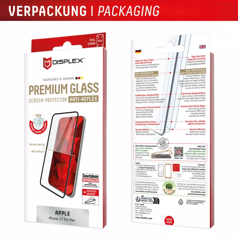 Displex Premium Screen Protector (Full Cover, 10H) for Apple iPhone 17 Pro Max, Eco Mounting Frame, Full Cover