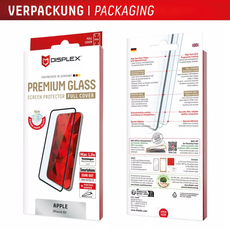 Displex Premium Screen Protector (Full Cover, 10H) for Apple iPhone Air, Eco Mounting Frame, Full Cover