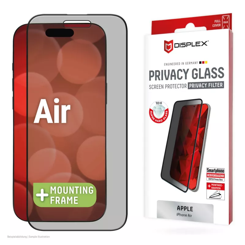 Displex Privacy Screen Protector (10H) for Apple iPhone Air, Eco Mounting Frame, Privacy Filter