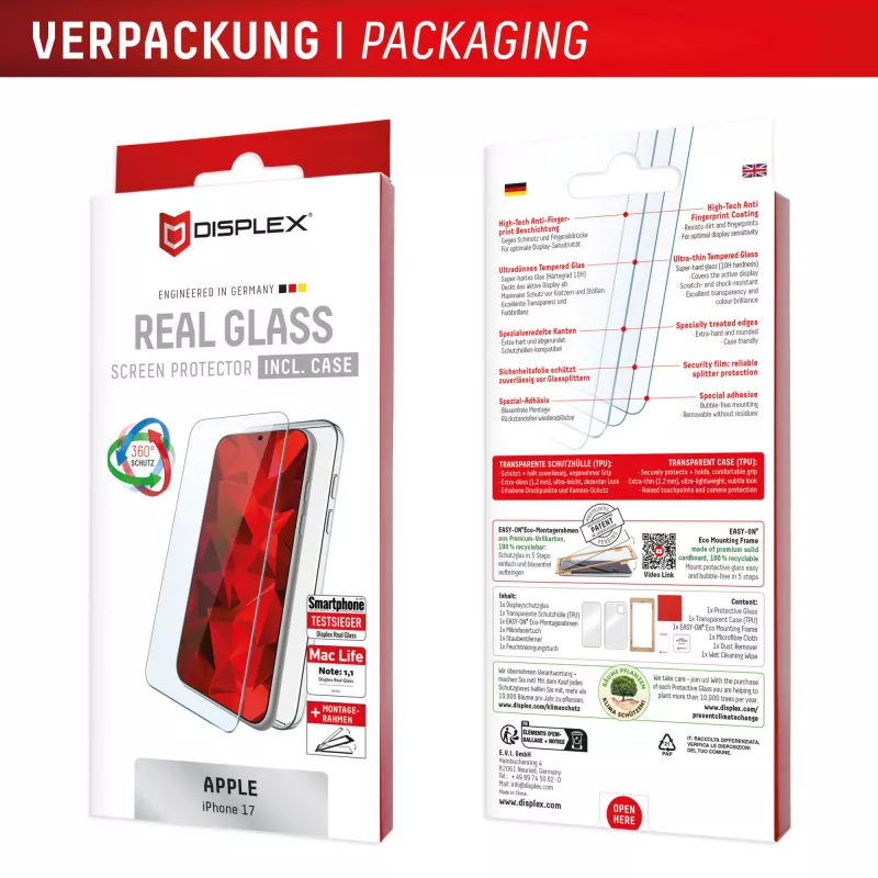 Displex Screen Protector + Case for Apple iPhone 17, Eco Mounting Frame, scratch resistant