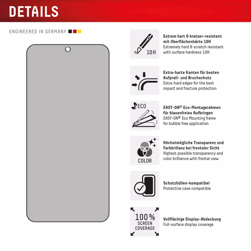 Displex Privacy Screen Protector (10H) for Samsung Galaxy S24/S25, Eco Mounting Frame, Privacy Filter