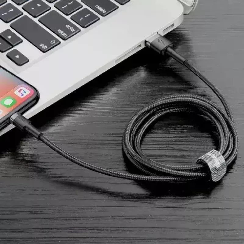 USB A to Lightning Cable Baseus Cafule (CALKLF-CG1) — Nylon braided, QC3.0 1.5A, 2 m, Grey/Black