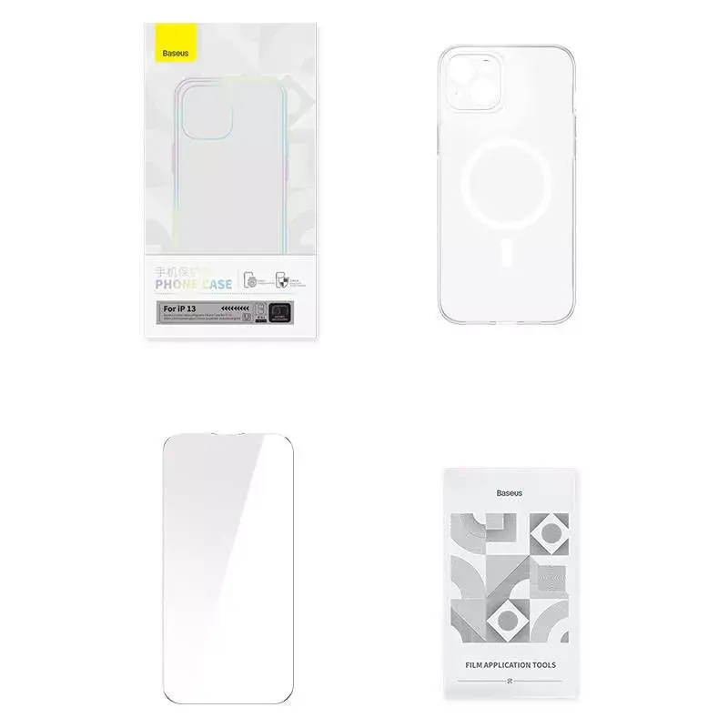 Phone case Baseus Magnetic Crystal Clear for iPhone 13, transparent, with tempered-glass screen protector