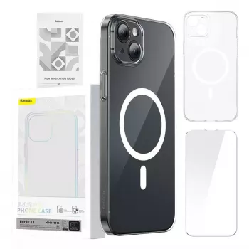 Phone case Baseus Magnetic Crystal Clear for iPhone 13, transparent, with tempered-glass screen protector