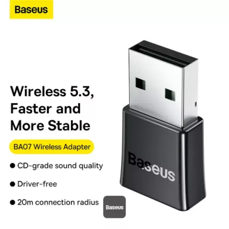 Baseus BA07 Mini Bluetooth Adapter for PC, USB 5.3 Wireless Bluetooth Dongle Receiver - Black