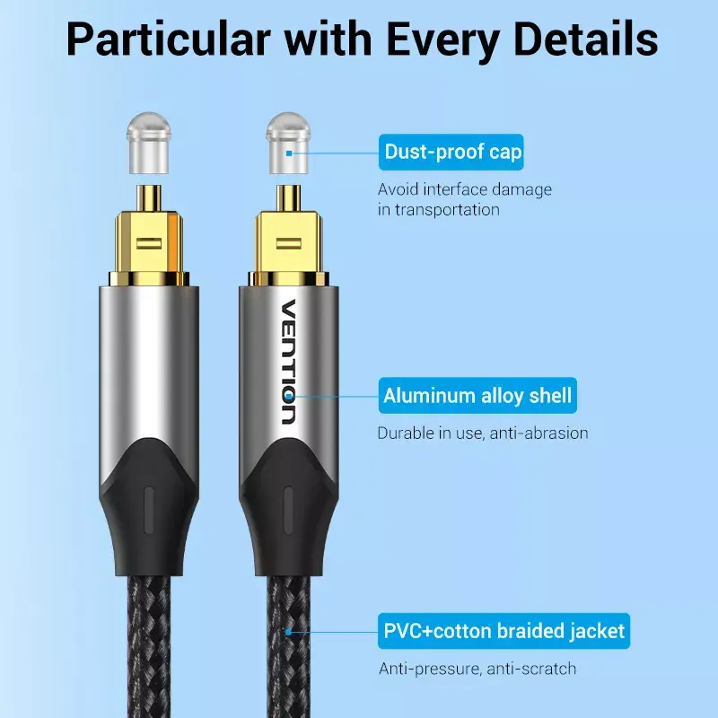 Optical fiber audio cable Vention 3 m TOSLINK male-to-male, grey, nylon jacket, gold-plated contacts
