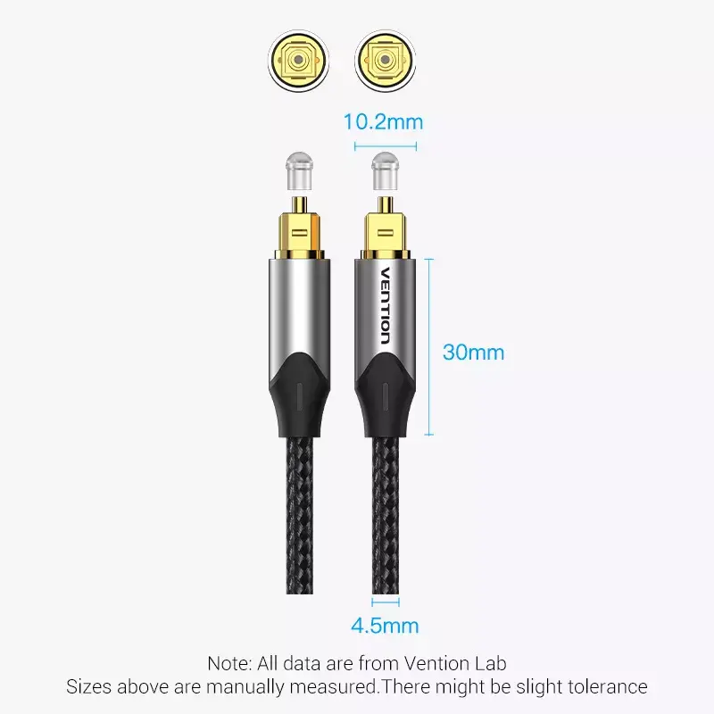 Optical fiber audio cable Vention 3 m TOSLINK male-to-male, grey, nylon jacket, gold-plated contacts