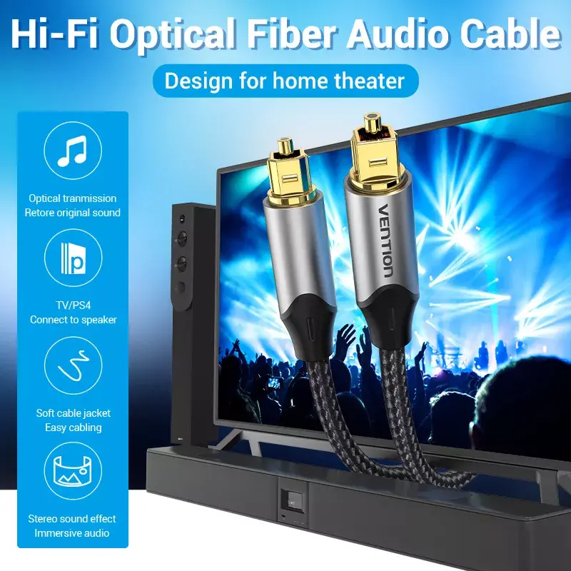 Optical fiber audio cable Vention 3 m TOSLINK male-to-male, grey, nylon jacket, gold-plated contacts