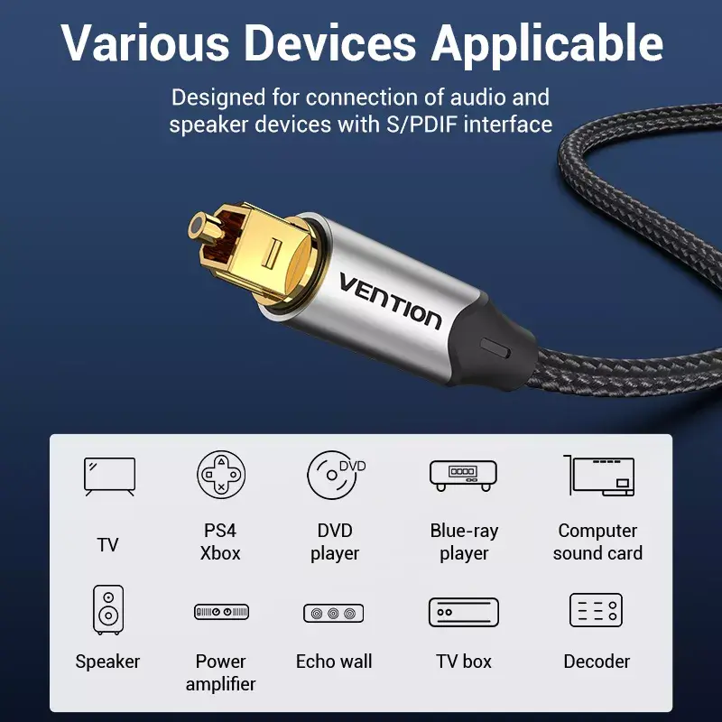 Optical fiber audio cable Vention 3 m TOSLINK male-to-male, grey, nylon jacket, gold-plated contacts