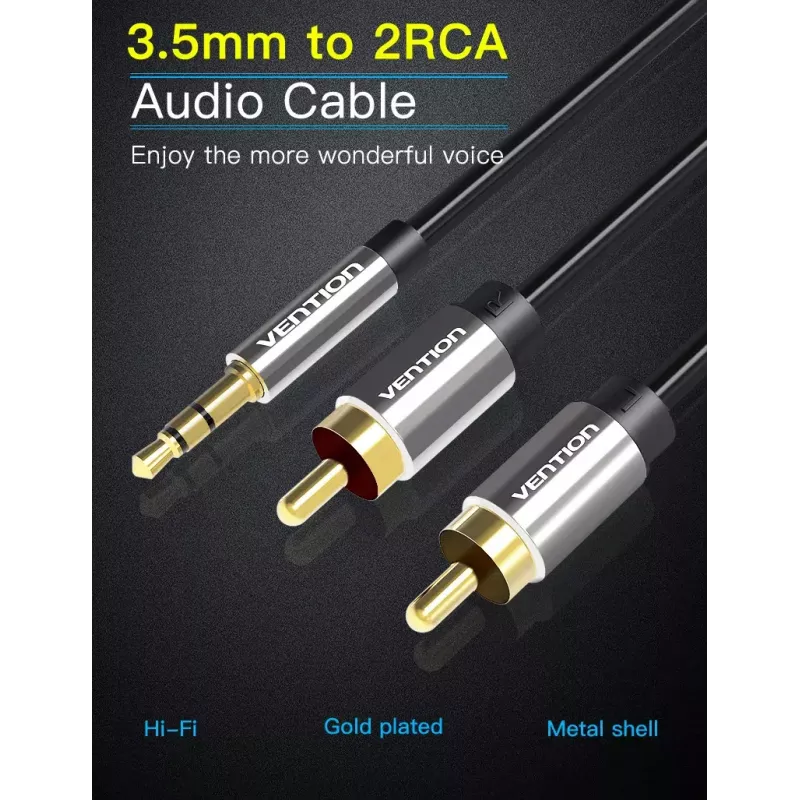 Audio cable Vention 3.5mm male to 2×RCA male, 3 m, black, gold-plated contacts