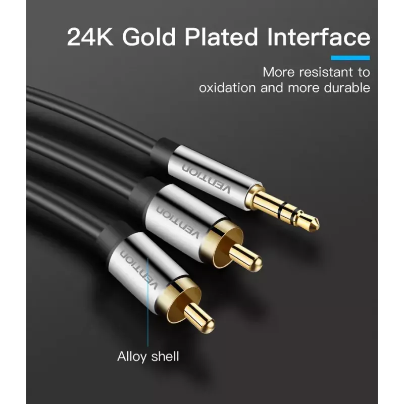 Audio cable Vention 3.5mm male to 2×RCA male, 3 m, black, gold-plated contacts