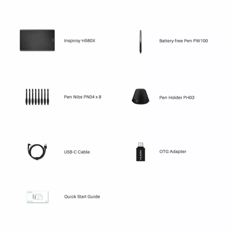 Graphics tablet HUION Inspiroy H580X — active area 8.5×5.0 in, 5080 LPI, 8192 pressure levels, 8 programmable keys, USB-C