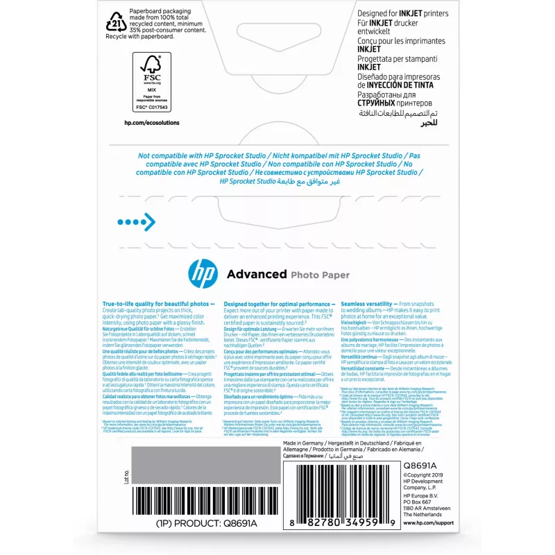 HP Advanced Photo Paper Glossy 250 g/m2 10 x 15 cm (101 x 152 mm) 25 sheets