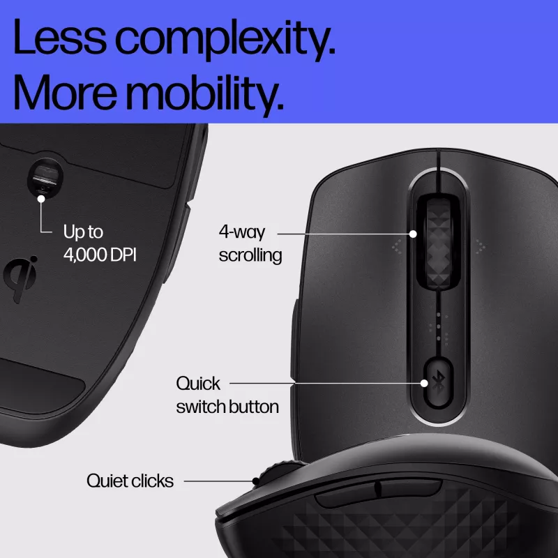 HP 695 Rechargeable Wireless Mouse, Ambidextrous, Bluetooth, 4000 DPI, Black