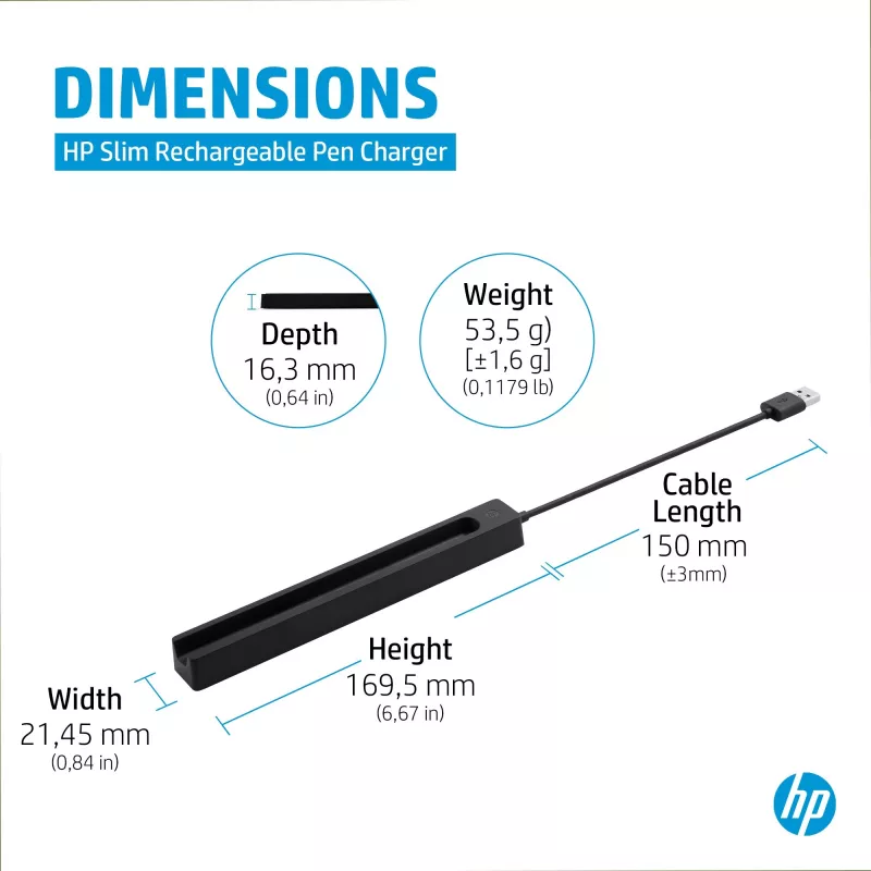 HP Slim Rechargeable Pen Charger, Indoor, USB, 0.15 m, Black