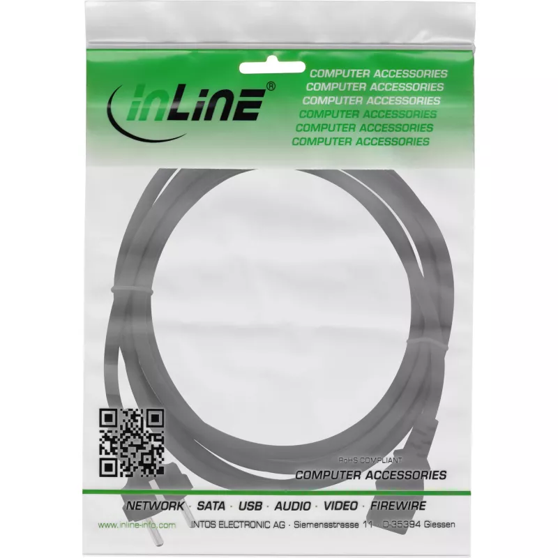 InLine power cable, CEE 7/7 straight / 3pin IEC C13 male, black, 3m