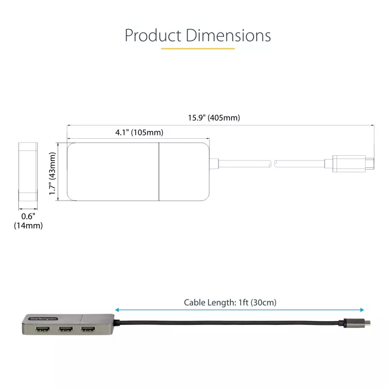 StarTech.com 3-Port USB-C MST Hub - USB Type-C to 3x HDMI Multi-Monitor Adapter for Laptop - Triple HDMI up to 4K 60Hz with DP 1.4 Alt Mode & DSC - HDR - 1ft (30cm) Cable - Windows Only
