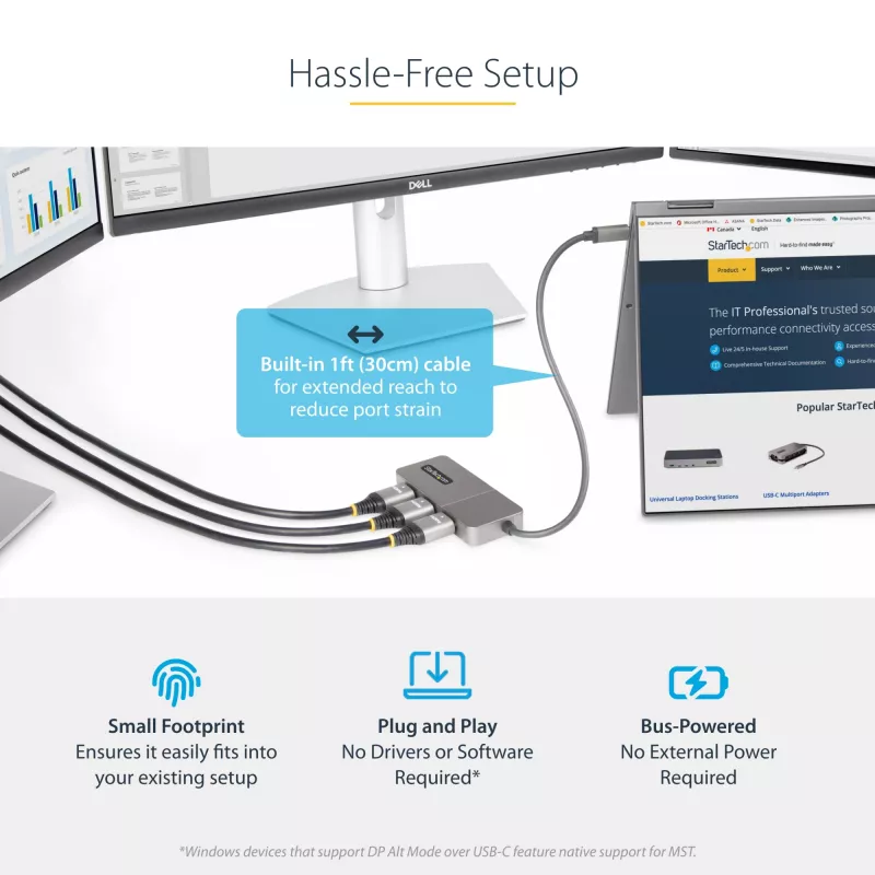 StarTech.com 3-Port USB-C MST Hub - USB Type-C to 3x HDMI Multi-Monitor Adapter for Laptop - Triple HDMI up to 4K 60Hz with DP 1.4 Alt Mode & DSC - HDR - 1ft (30cm) Cable - Windows Only