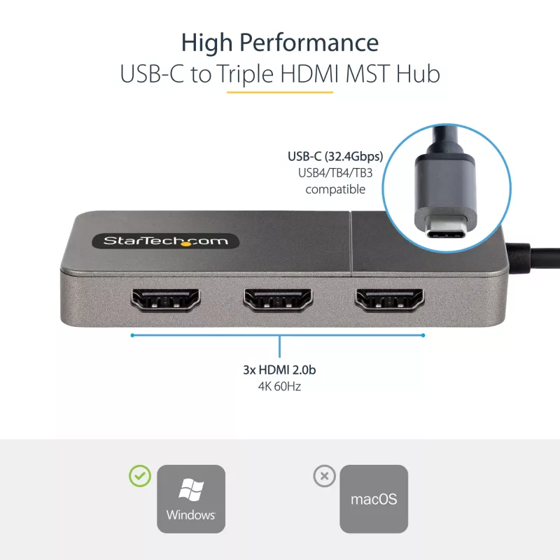 StarTech.com 3-Port USB-C MST Hub - USB Type-C to 3x HDMI Multi-Monitor Adapter for Laptop - Triple HDMI up to 4K 60Hz with DP 1.4 Alt Mode & DSC - HDR - 1ft (30cm) Cable - Windows Only