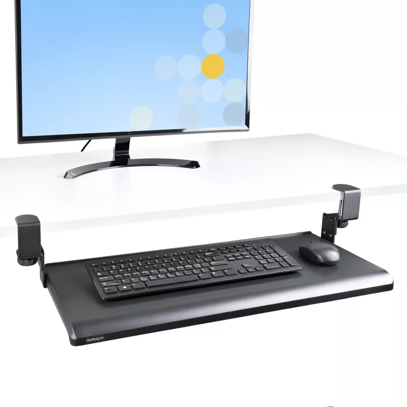 StarTech.com Under-Desk Keyboard Tray, Clamp-on Ergonomic Keyboard Holder, Sliding Keyboard and Mouse Drawer with C-Clamps, Height Adjustable, Supports up to 12kg (26.5lb), Black